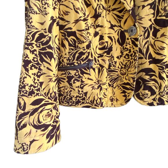 Boho Velvet Blazer Sz 12 Yellow & Brown Floral A-LINE Jacket Zip Front Pockets - Picture 9 of 13